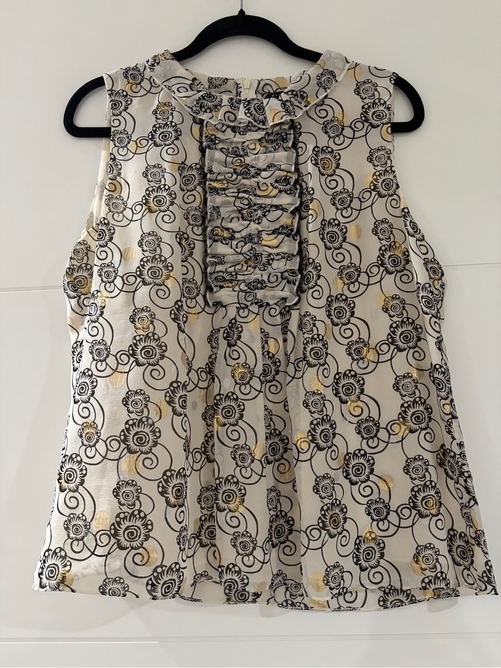 NWOT Elie Tahari Sleeveless Silk Floral Top, Large, Ivory, Black w/ Gold Accents